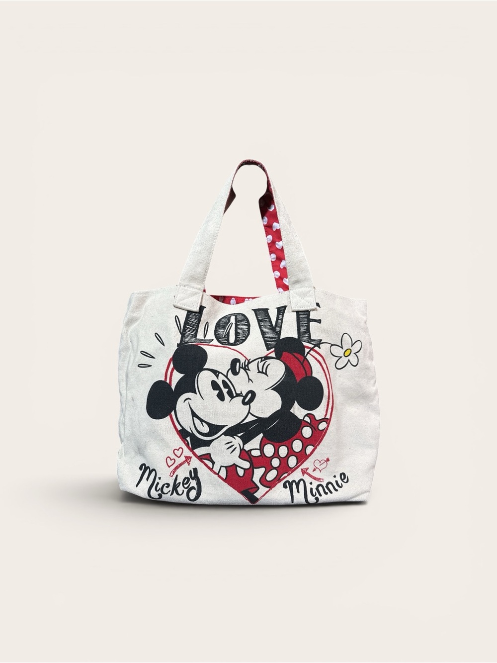 Mickey & Minnie Love Heart Canvas Tote Bag in Cream and Red